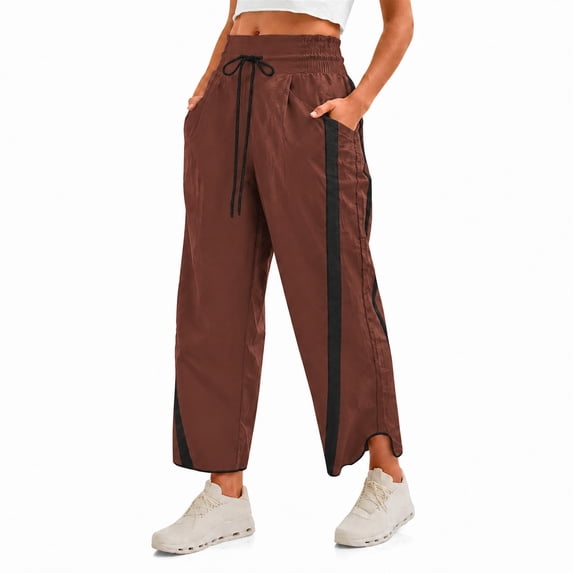 Carlikeit Women's Wide Leg Track Pants 2026 Lightweight Baggy Y2K Pants with Contrast Stripes Drawstring Elastic Waist Casual Parachute Trousers