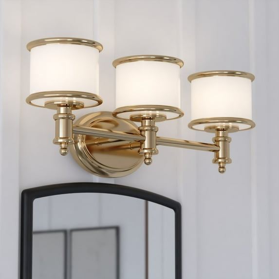 Carlisle 3 Light Gold Brass Traditional Bathroom Vanity Fixture White Glass