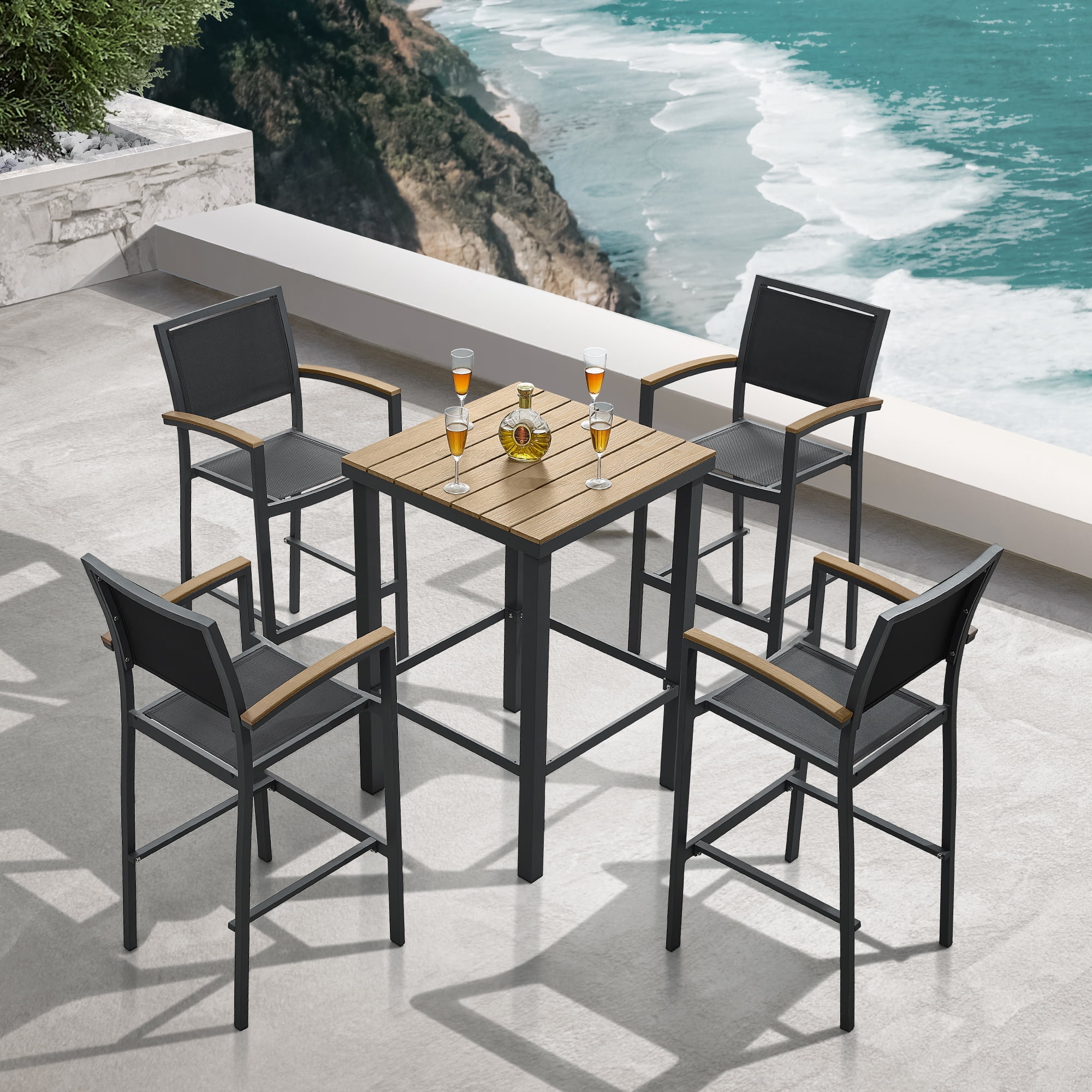 Carlo 5-Piece Charcoal Black Faux Wood Outdoor Bar Set