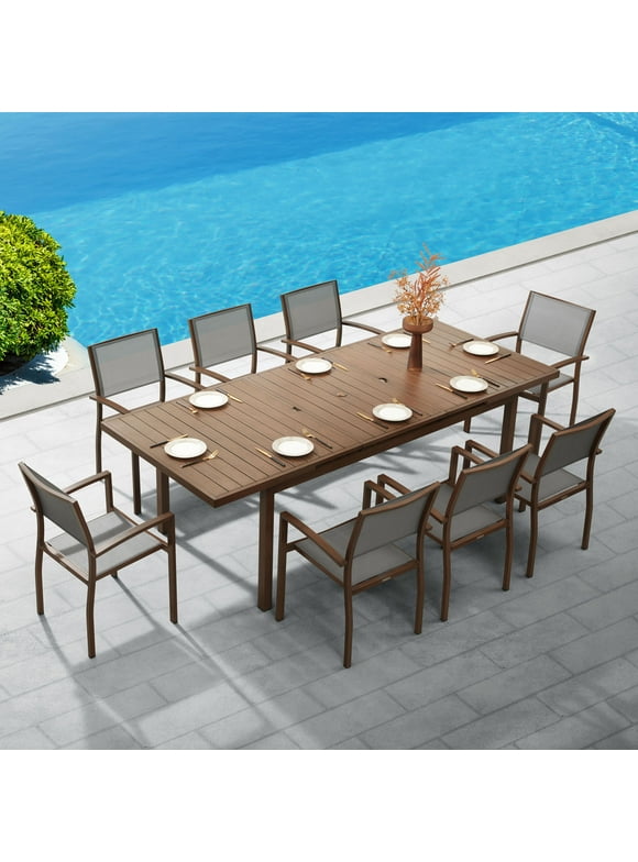 Carlo 9 Pieces Extendable Outdoor Patio Dining Set, Patio Tabel With Umbrella Hole For Eight Person, Wook Color Painted Aluminum