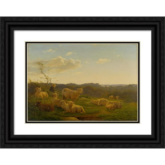 Carlo Dalgas 14x11 Black Ornate Wood Framed Double Matted Museum Art Print Titled: Sheep on a Hill Near Skarridso (1845)