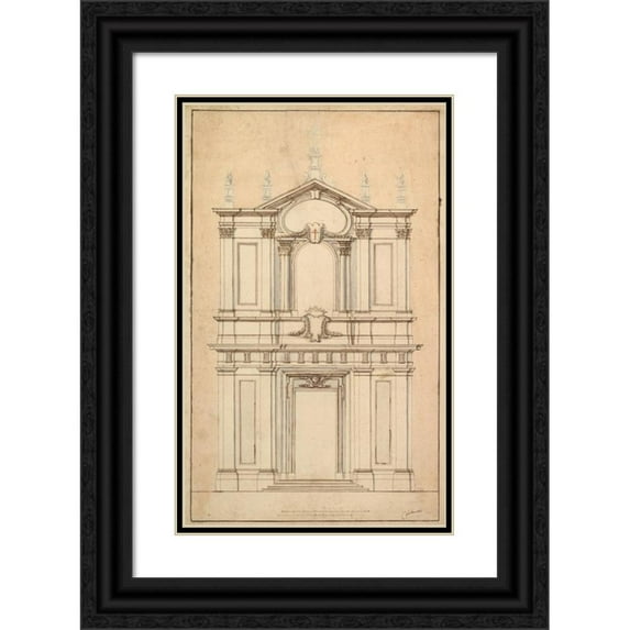 Carlo Fontana 16x24 Black Ornate Framed Double Matted Museum Art Print Titled: Design for the Facade of Santi Faustino and Giovita, Rome (1652-1725)