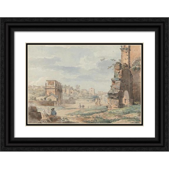 Carlo Labruzzi 24x18 Black Ornate Framed Double Matted Museum Art Print Titled: Part of the Colosseum with the Arch of Constantine and Arch of Titus in the Distance, Rome
