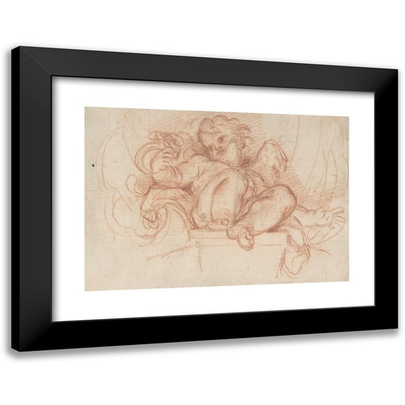 Carlo Maratti 24x18 Black Modern Framed Museum Art Print Titled - Study of a Putto Seated on a Corbel in a Shell Niche (ca. 1674-76)