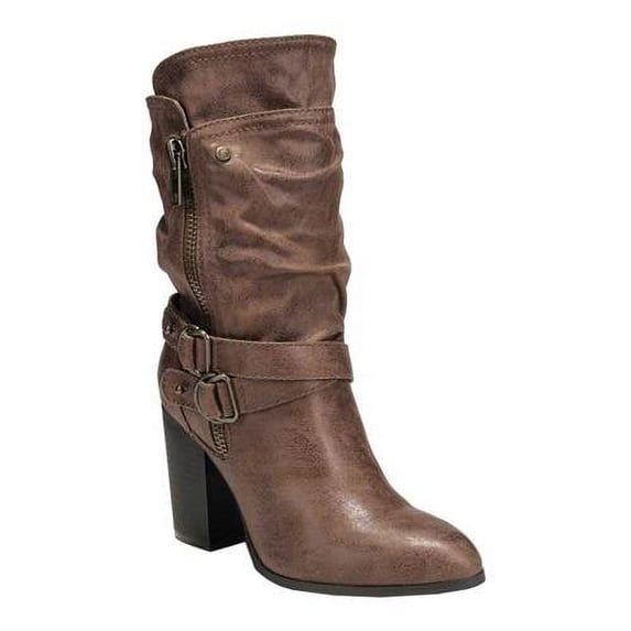 Carlos Santana Women's Layered Crisscross Strap Zipper Accent Buckle Accent Paisley Almond Toe Block Heel Zip up Heeled Boots Brown 9 M