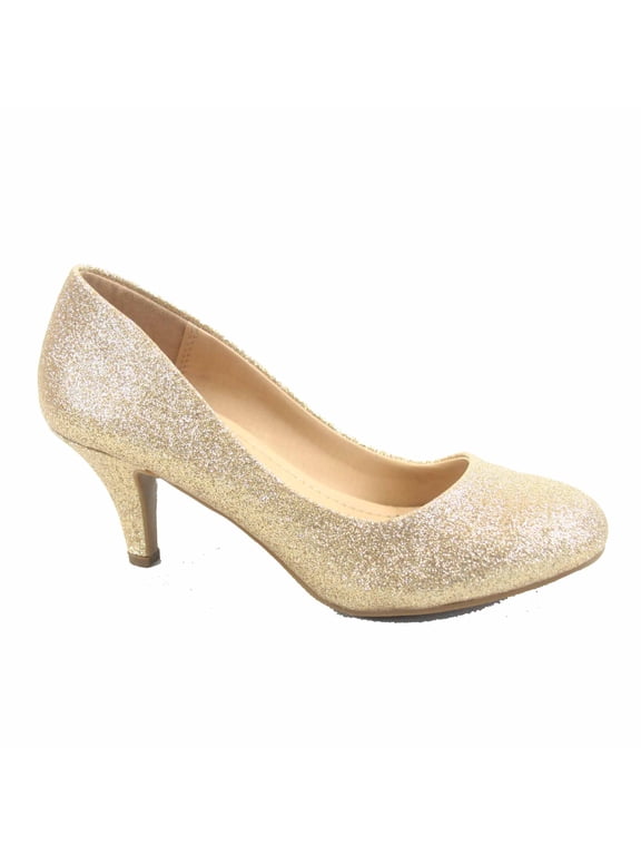 Carlos-s Women's Patent Glitter Round Toe Low Heel Pump Dress Shoes