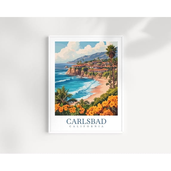 Carlsbad California Illustrated Coastal Sunset Wall Art Print, Travel ...