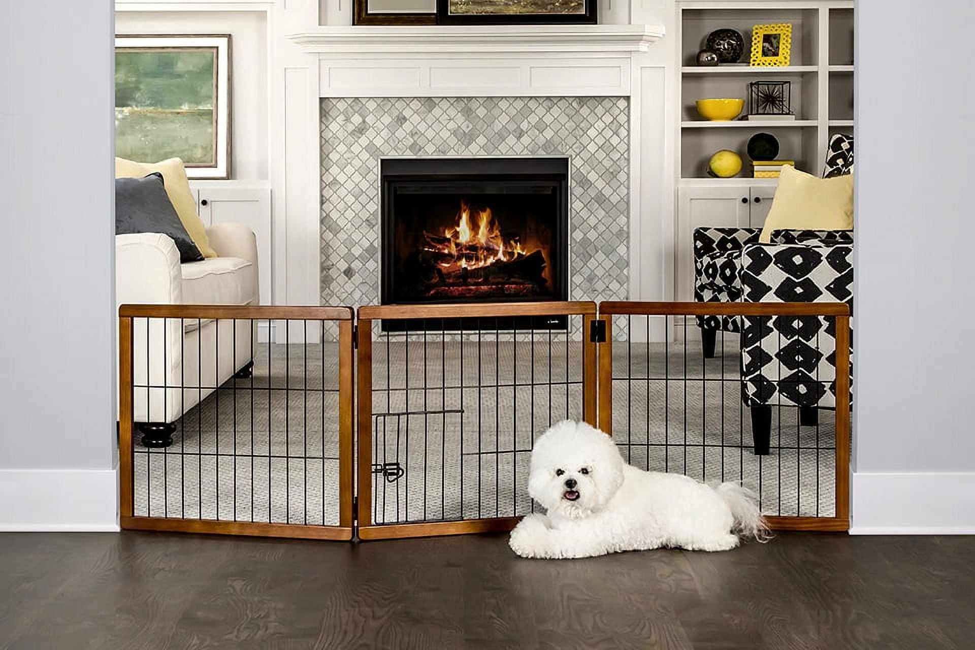 Brown 3-Panel Wooden Pet Gate with Metal Bars and Pet Door