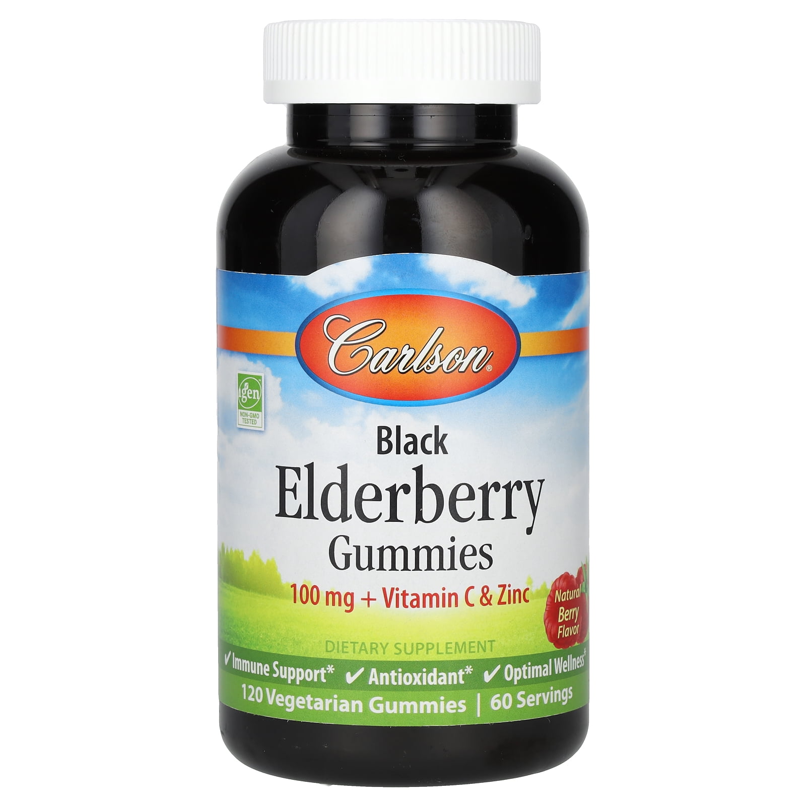 Carlson - Black Elderberry Gummies, 100 mg + Vitamin C and Zinc, Immune Support, Berry Flavor, 120 Gummies