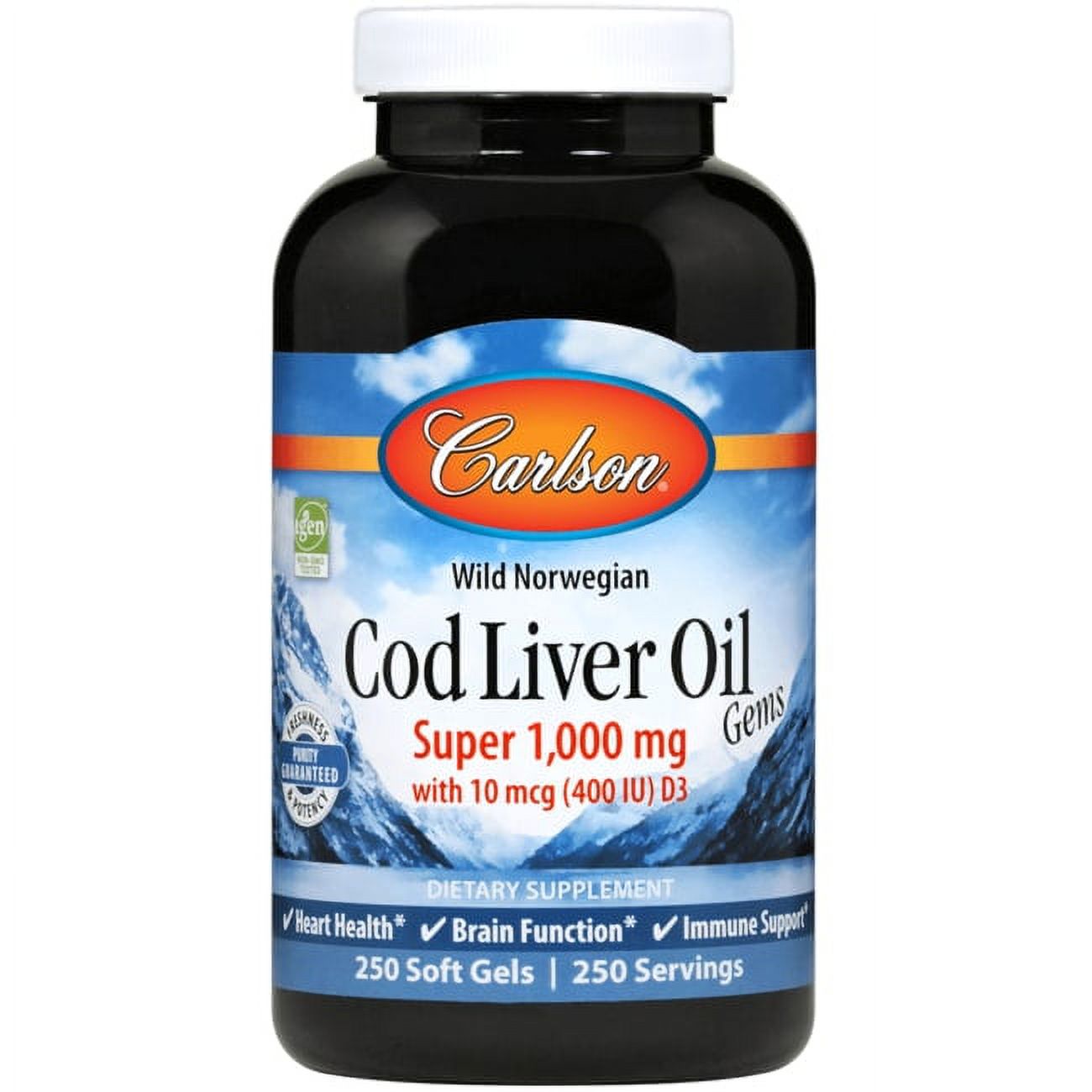 Carlson - Cod Liver Oil Gems, Super 1000 mg, 250 mg Omega-3s + A & D3, Norwegian, Wild Caught, 250 Softgels - image 1 of 2