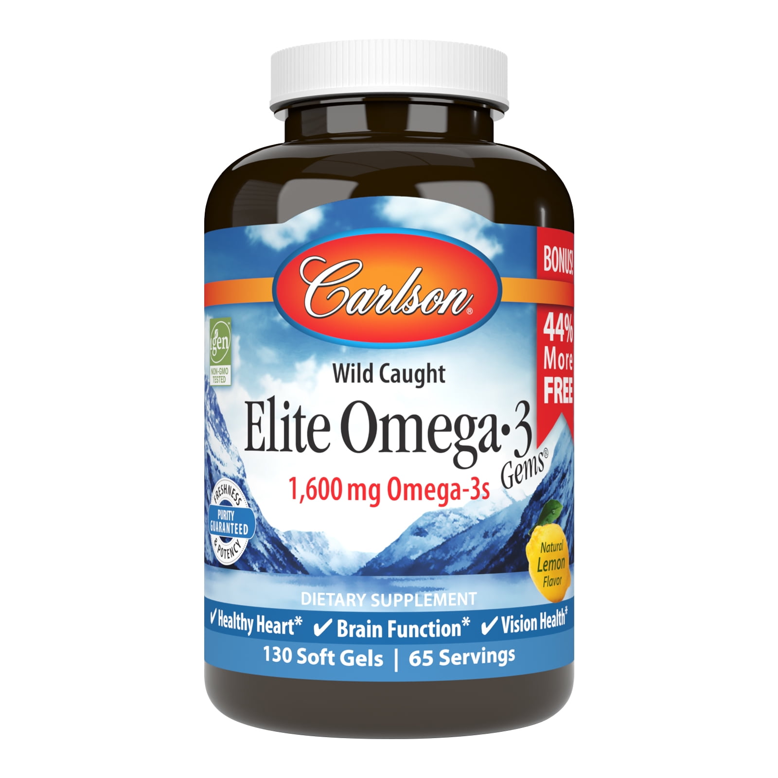 Carlson - Elite Omega-3 Gems, 1600 mg Omega-3s, Norwegian, Wild Caught, Sustainably Sourced, Lemon, 130 Softgels
