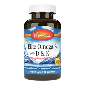 Carlson - Elite Omega-3 Plus D & K, 700 mg Omega-3s + D3 & K2, Bone Health, Lemon, 60 Softgels