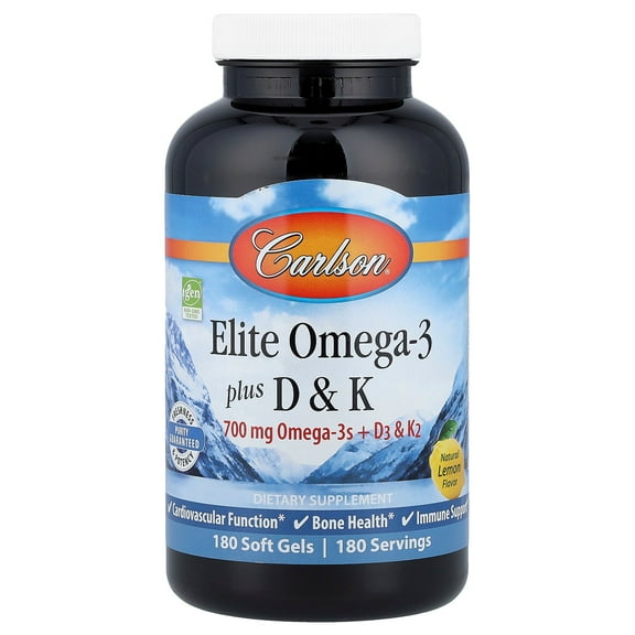 Carlson Elite Omega-3 Plus D & K, Natural Lemon, 180 Soft Gels
