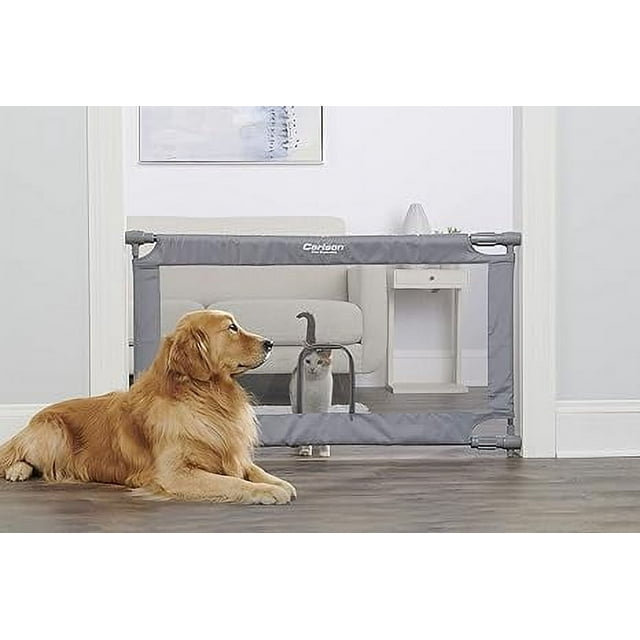 Carlson Extra Wide Gray Mesh Expandable Pet Gate with Small Pet Door