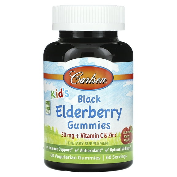 Carlson Kid's Black Elderberry Gummies + Vitamin C & Zinc, Natural Berry, 60 Vegetarian Gummies