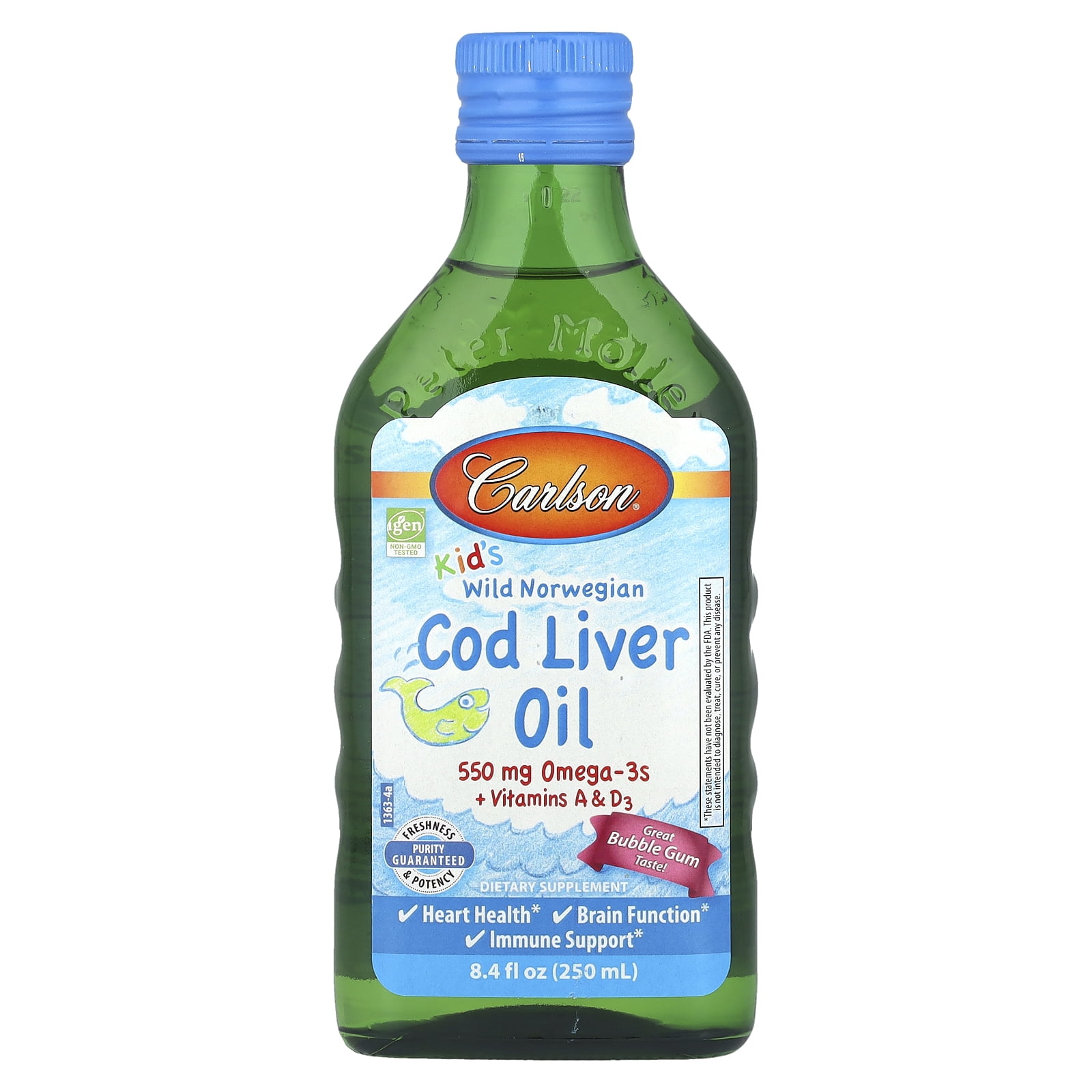 Carlson Kid's Wild Norwegian, Cod Liver Oil + Vitamins A & D3, Bubble Gum, 8.4 fl oz (250 ml)
