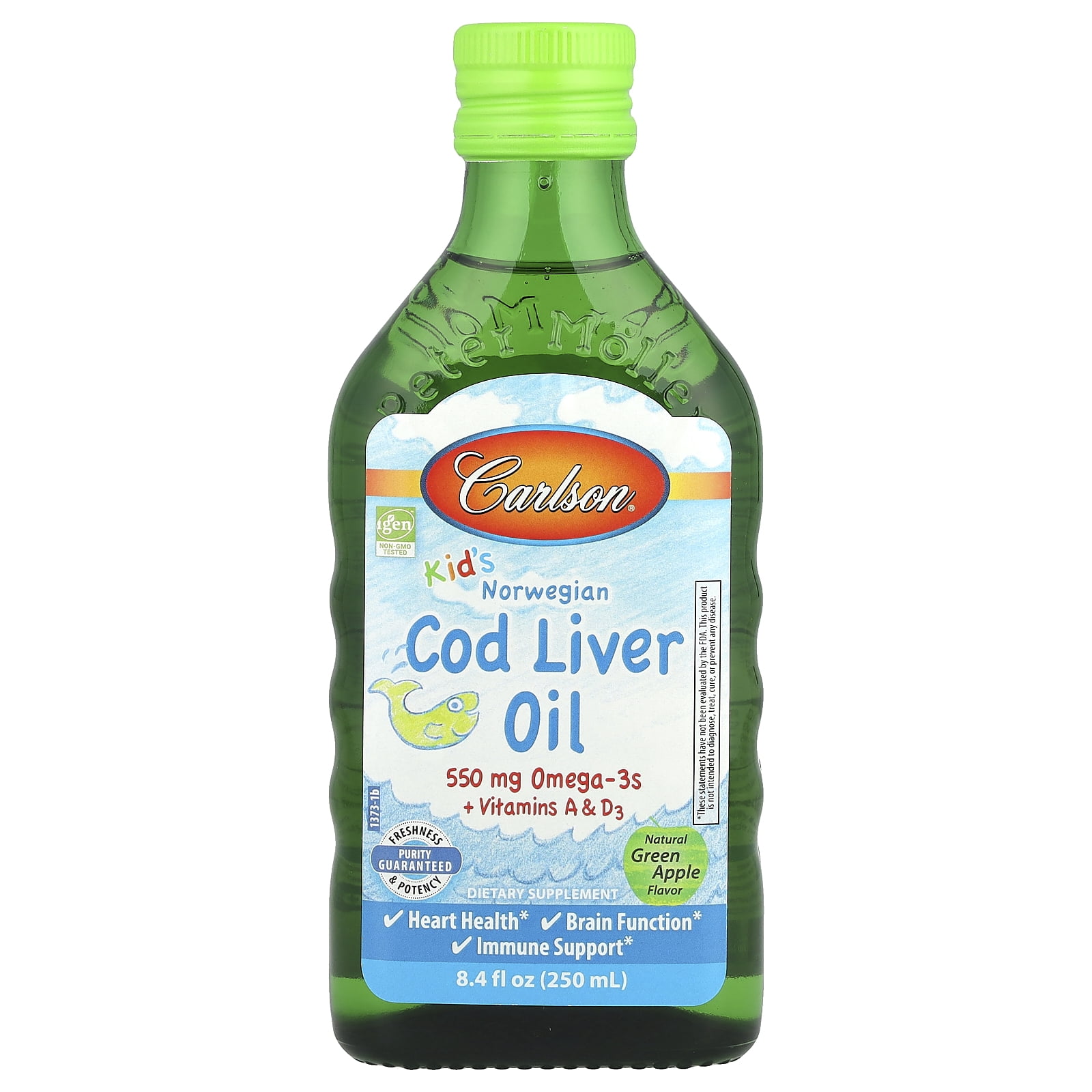 Carlson - Kid's Cod Liver Oil, 550 mg Omega-3s + A & D3, Norwegian, Wild Caught, Sustainably Sourced, Green Apple, 250 mL (8.4 Fl Oz)