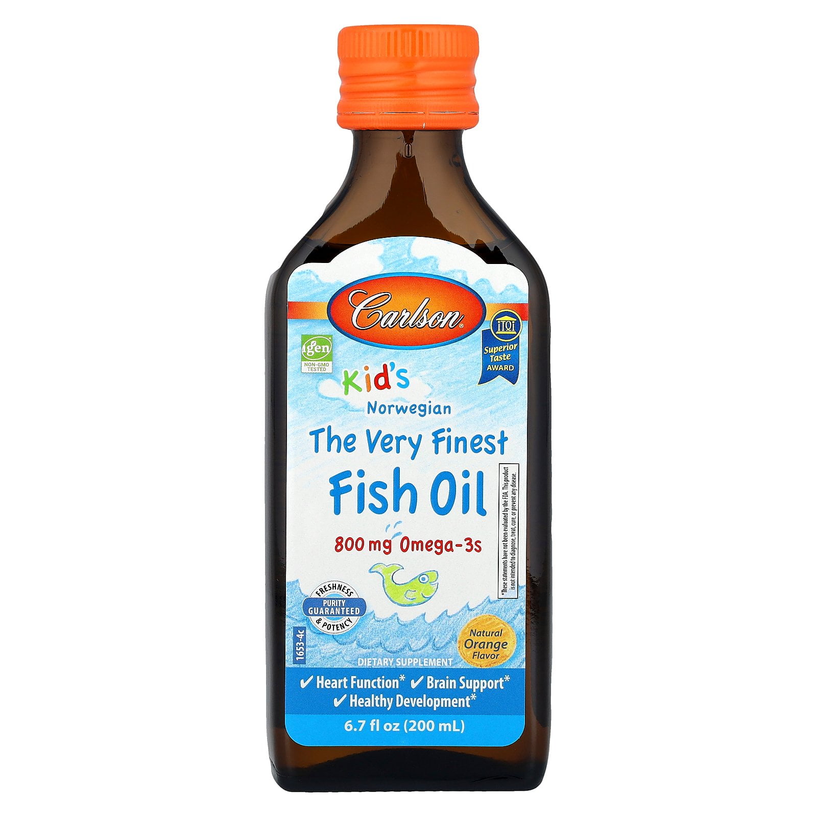 Carlson - Kid's The Very Finest Fish Oil, 800 mg Omega-3s, Norwegian, Wild Caught, Sustainably Sourced, Orange, 200 mL (6.7 fl oz)