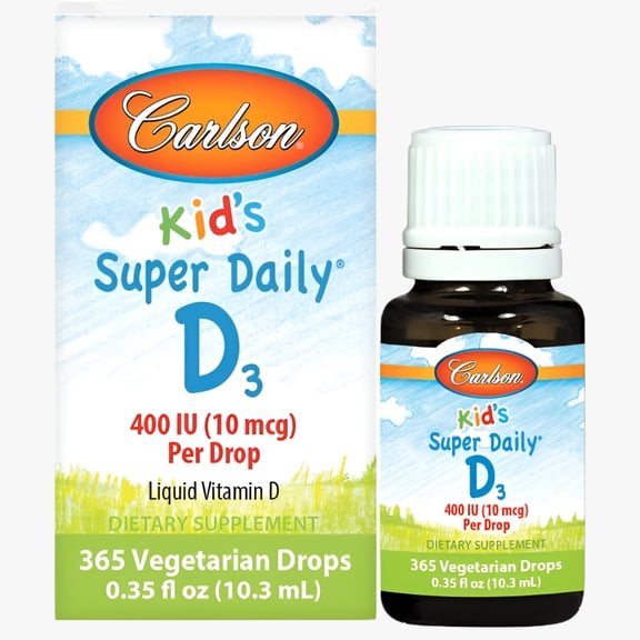 Carlson Kid's Super Daily D3 400 IU (10 mcg) per Drop 365 Drops Heart Health, Immune Support, Vegetarian, Liquid Vitamin D Drops, Unflavored,