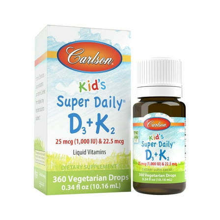 Carlson - Kid's Super Daily D3+K2, 25 mcg (1000 IU) & 22.5 mcg, Liquid Vitamins D & K, Vegetarian, Unflavored, 360 Drops