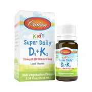Carlson - Kids Super Daily D3+K2, 25 mcg 1000 IU & 22.5 mcg, Liquid Vitamins D & K, Vegetarian, Unflavored, 360 Drops
