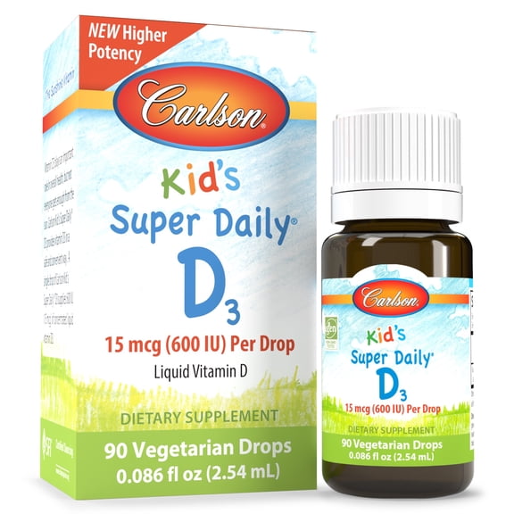 Carlson - Kid's Super Daily D3, Vitamin D Drops, 600 IU (50 mcg) per Drop, Vegetarian, Unflavored, 90 Drops