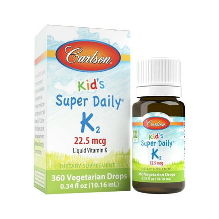 Carlson - Kid's Super Daily K2, 22.5 mcg, Liquid Vitamin K2 as MK7, Vegetarian, Unflavored, 360 Drops