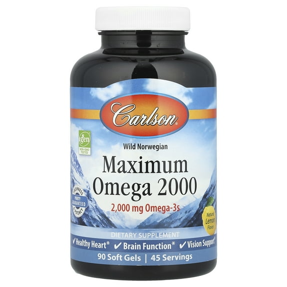 Carlson - Maximum Omega 2000, 2000 mg Omega-3s, Healthy Heart, Brain Function & Vision Support, Lemon, 90 soft gels