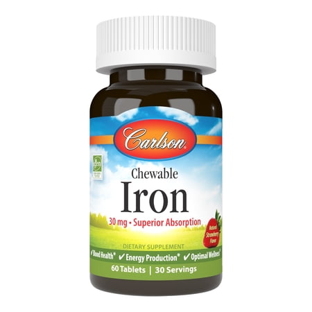 Carlson - Chewable Iron, 30 mg, Superior Absorption, Blood Health, Natural Strawberry Flavor, 60 Tablets