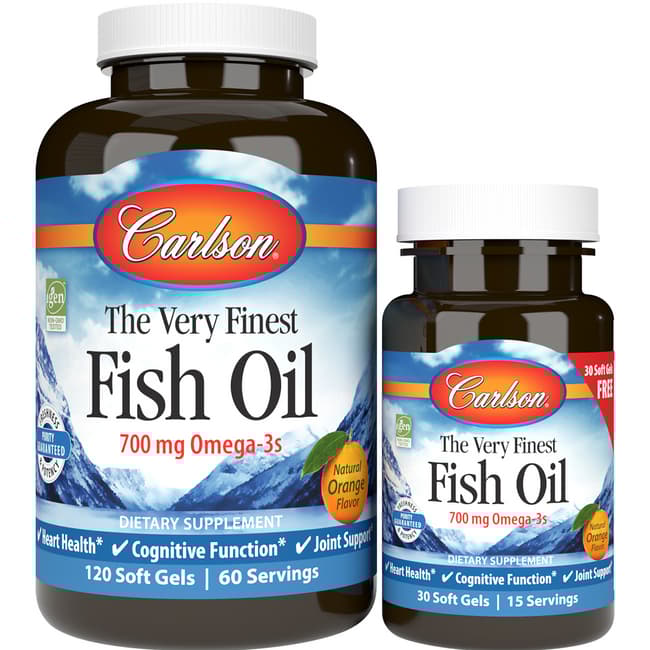 Carlson Labs The Very Finest Fish Oil Omega-3 Softgels, Orange, 700 Mg, Bonus Pack, 120 + 30 Ct