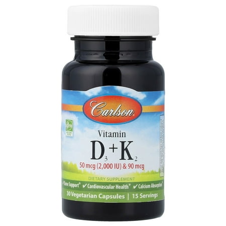 Carlson Vitamins D3 + K2, 30 Vegetarian Capsules
