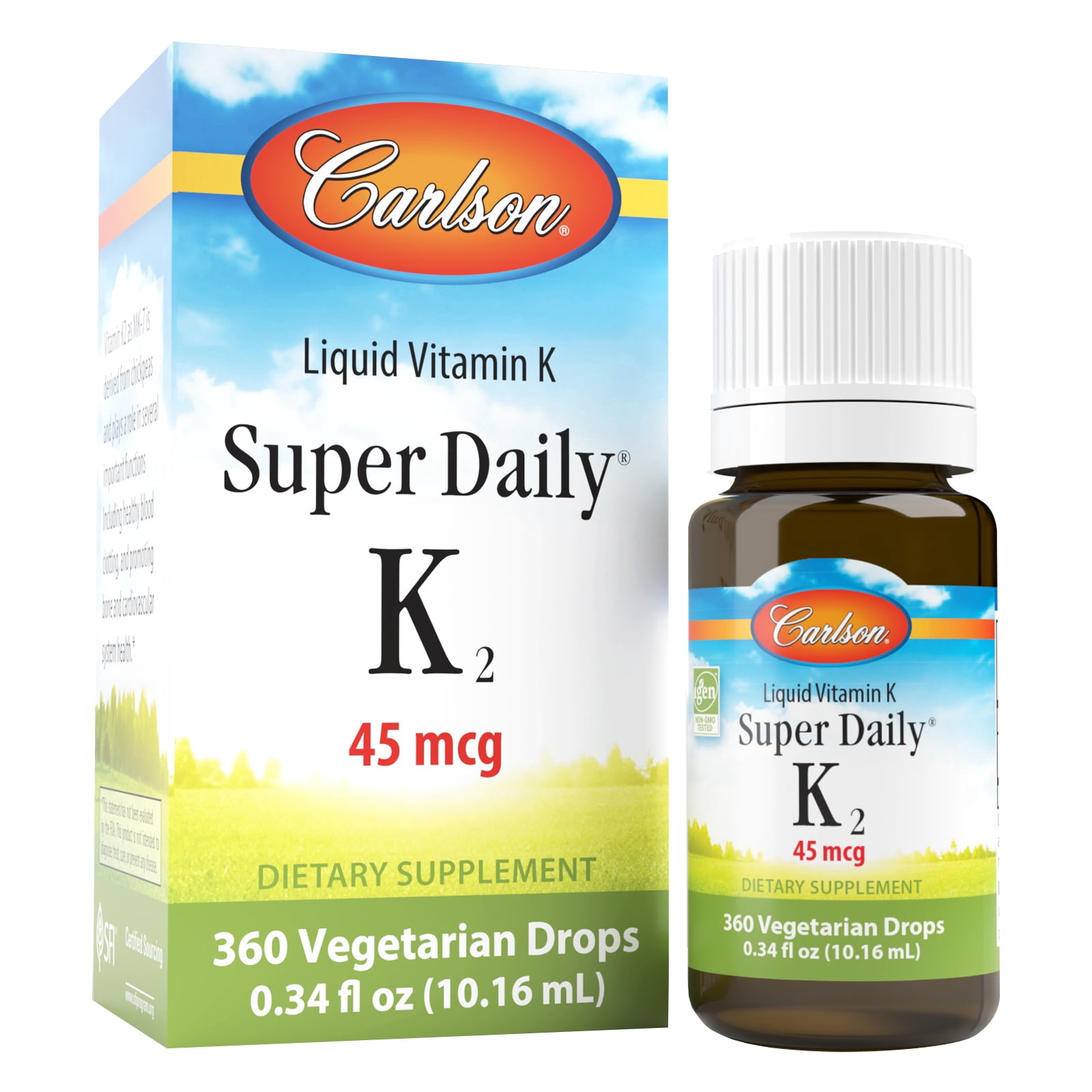 Carlson Liquid Super Daily K2, 45 mcg per Drop, Vitamin K2 MK-7 Supplement, 0.34 fl oz