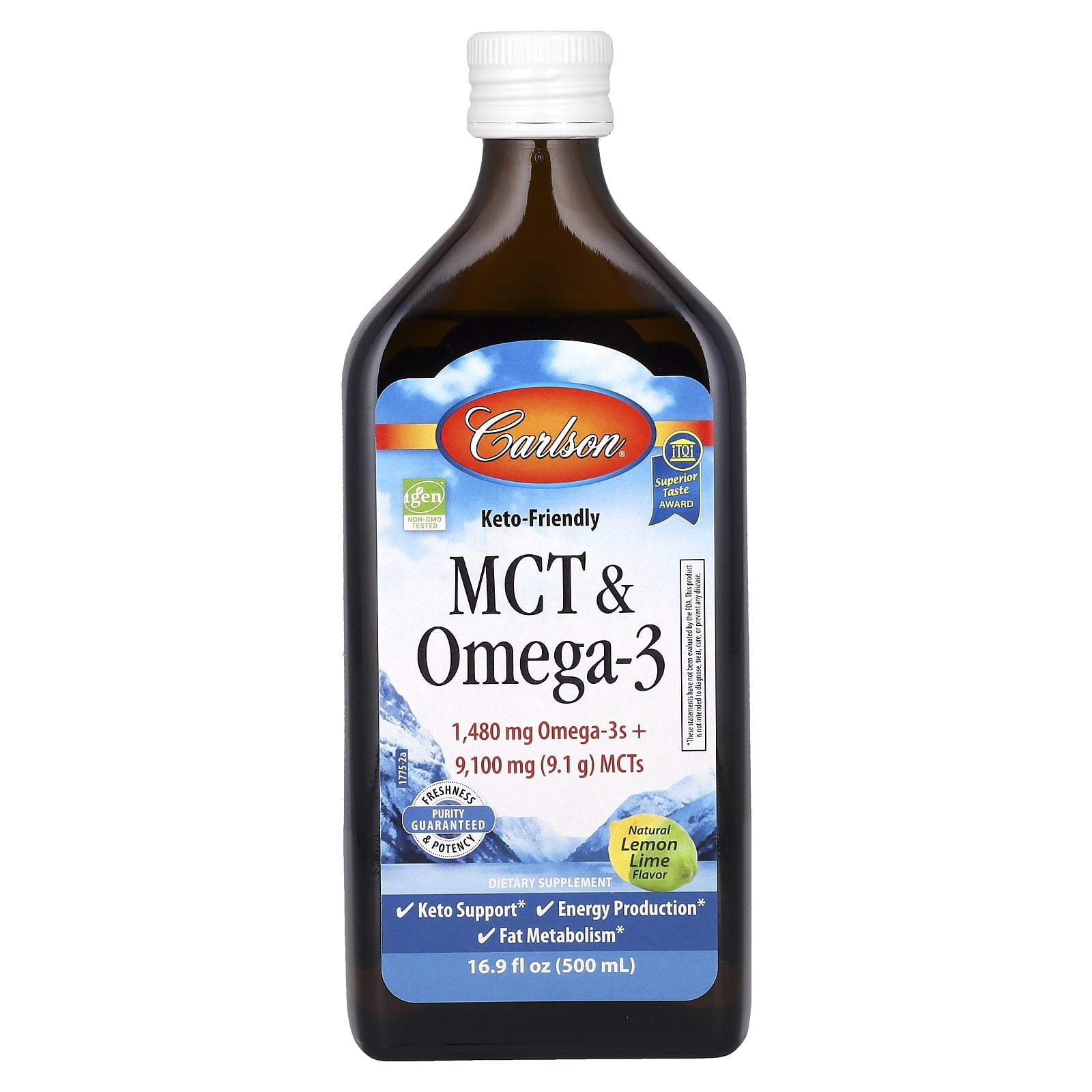 Carlson MCT & Omega-3, Keto Friendly, Natural Lemon Lime, 16.9 fl oz (500 ml)