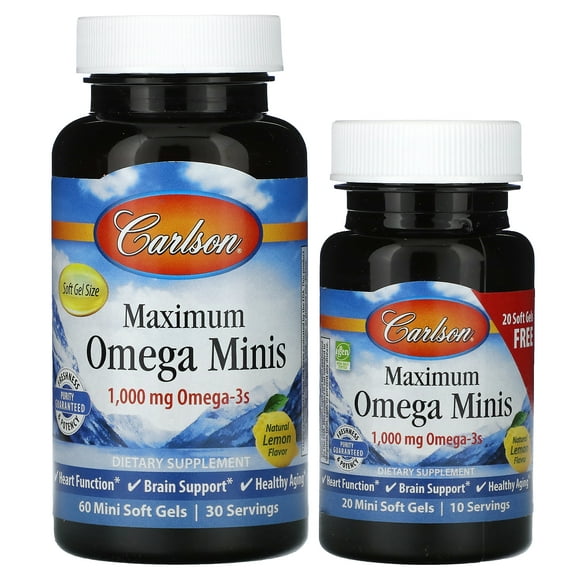 Carlson - Maximum Omega Minis, 1000 mg Omega-3s, Heart Function, Brain Support  Healthy Aging, Lemon, 60+20 Mini Softgels