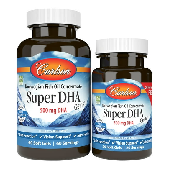 Carlson - Super DHA Gems, 500 mg DHA, Norwegian, Wild Caught, Sustainably Sourced, Bonus Bottle, 60+20 Softgels