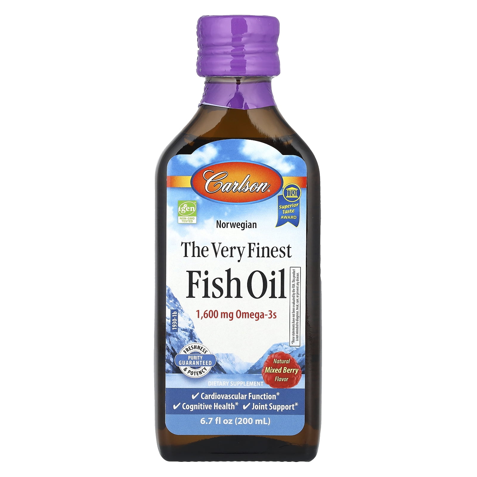 Carlson - The Very Finest Fish Oil, 1600 mg Omega-3s, Norwegian, Wild Caught, Sustainably Sourced, Mixed Berry, 200 mL (6.7 Fl Oz)