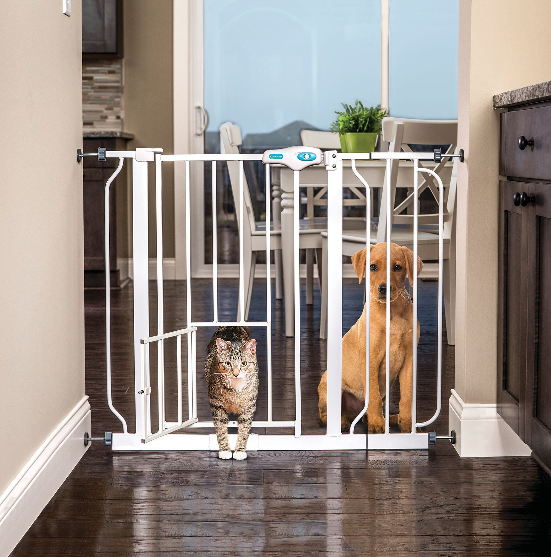 Carlson Pet Products 31"H Extra-Wide Walk Through Metal Dog Pet Gate, with Additional Small Door, White