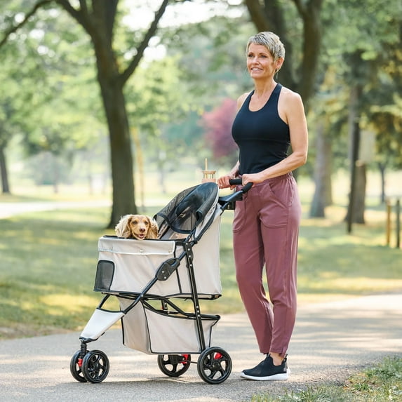 Carlson Portable Pet Stroller with 360 Degree Front Wheel Swivel, Mesh Panels, Umbrella Canopy, Khaki, for Pets Up to 30 lbs
