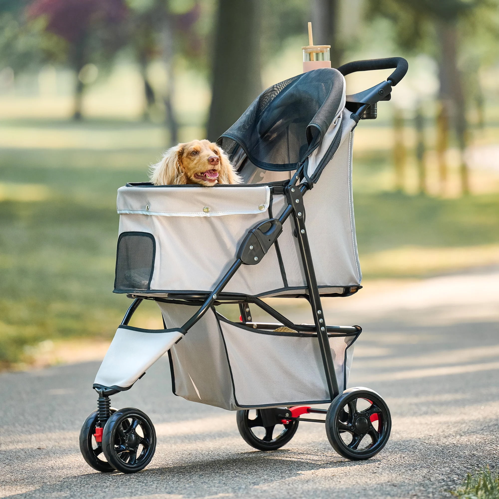Khaki Mesh and Stainless Steel Pet Stroller with Canopy