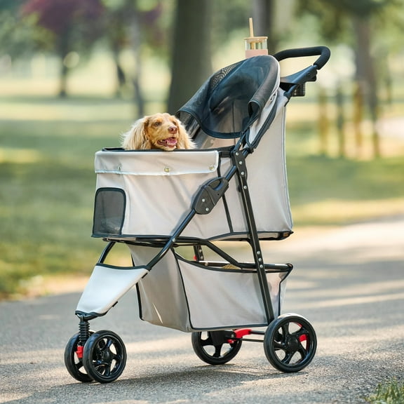Carlson Portable Pet Stroller with 360 Degree Front Wheel Swivel, Mesh Panels, Umbrella Canopy, Khaki, for Pets Up to 30 lbs