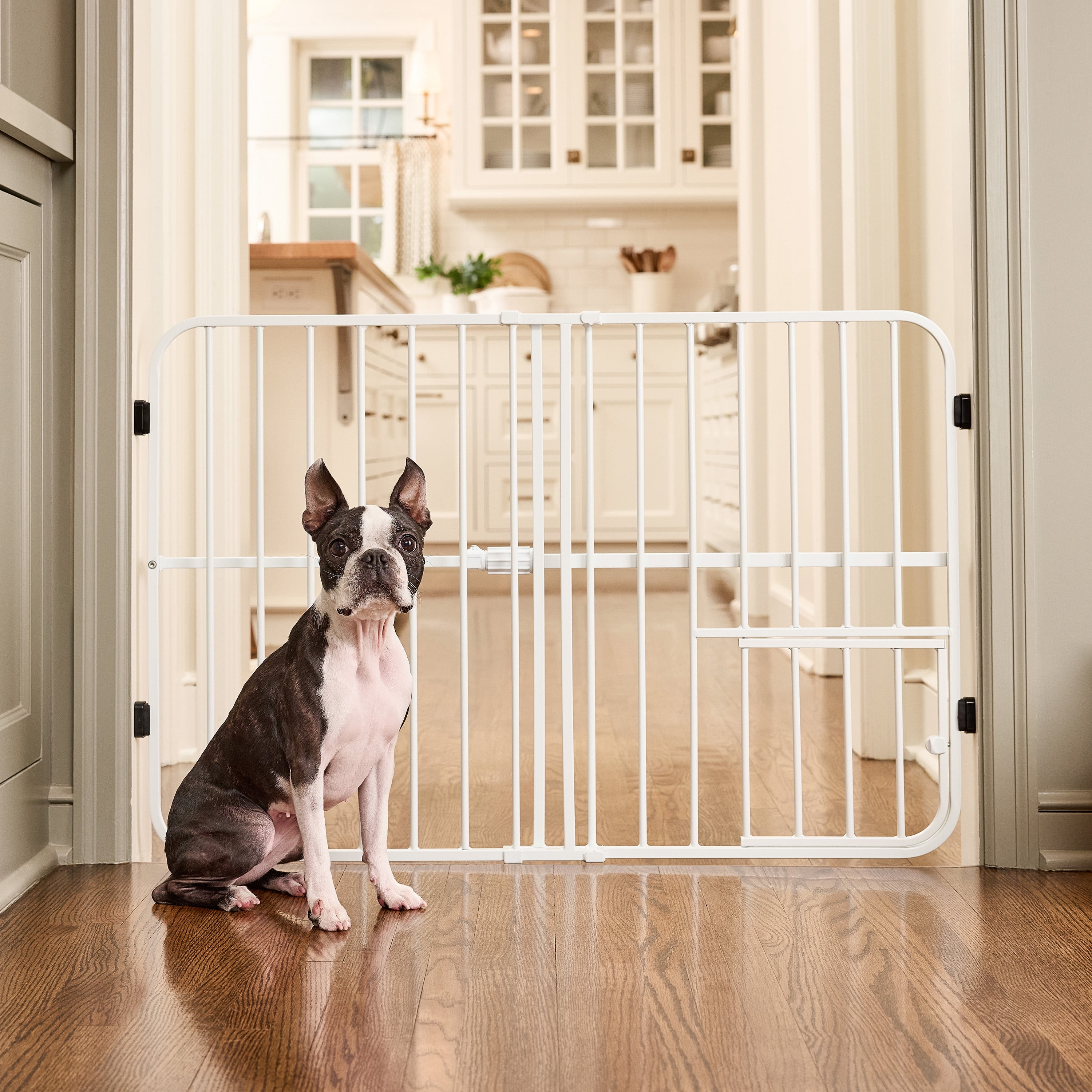 Carlson Pet Products Tuffy Metal Expandable Pet Gate, Includes Small Pet Door, 24" H x 42" L Inch, White