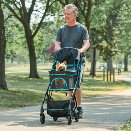 Carlson Pet Stroller, Includes 360 Degree Front Wheel Swivel, Rear Wheel Breaks, Reflective Trim, Mesh Panels, Umbrella, Mesh Canopy, Folds Easily to a Fraction of its Size, Black, Pets up to 30 lbs