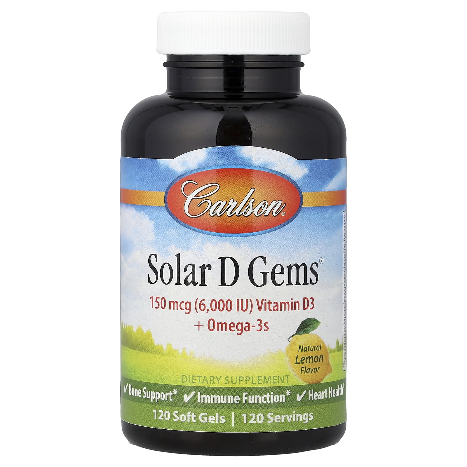 Carlson Solar D Gems® , Vitamin D3 + Omega-3s, Natural Lemon, 120 Soft Gels