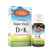 Carlson - Super Daily D3+K2, 50 mcg 2000 IU & 45 mcg, Liquid Vitamins D & K, Vegetarian, Unflavored, 360 Drops