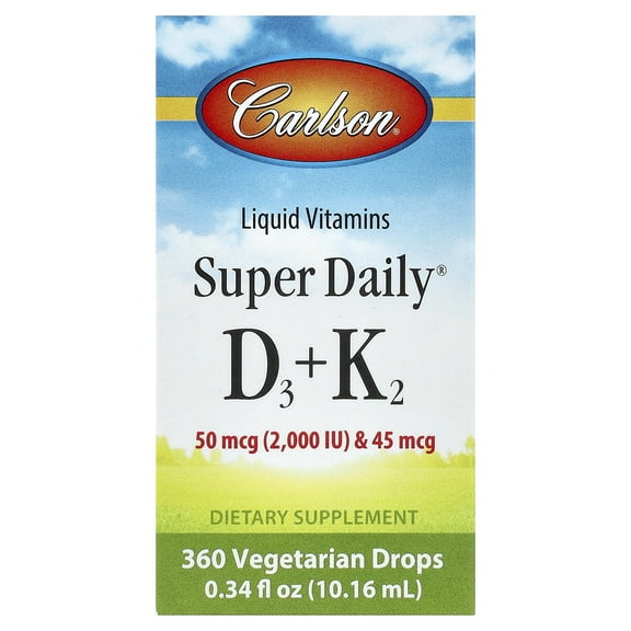 Carlson - Super Daily D3+K2, 50 mcg (2000 IU) & 45 mcg, Liquid Vitamins D & K, Vegetarian, Unflavored, 360 Drops