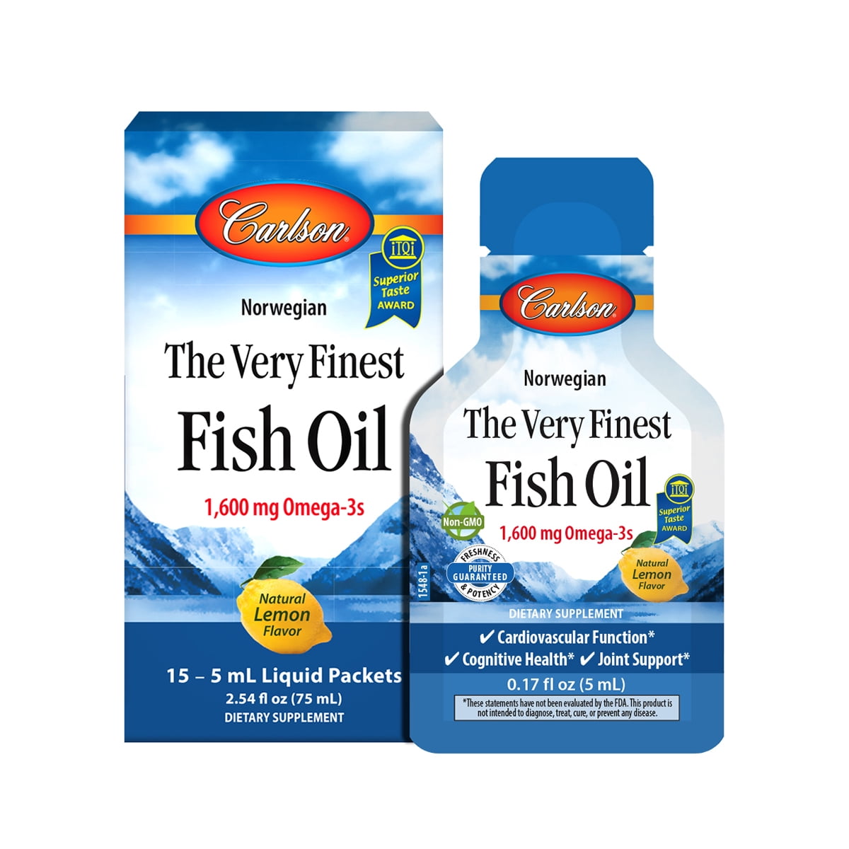 Carlson - The Very Finest Fish Oil Grab + Go Packets, Single-Serving, 1600 mg Omega-3s, Norwegian, Lemon, 15 Packets in Box, 5 mL Each