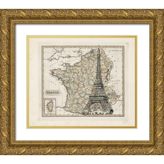 Carlson, Tina 17x15 Gold Ornate Wood Framed with Double Matting Museum Art Print Titled - Eiffel Tower Map