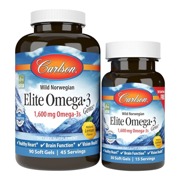Carlson Wild Caught Elite Omega-3 Gems Softgels, 1600 Mg, Lemon, 90 + 30 Ct