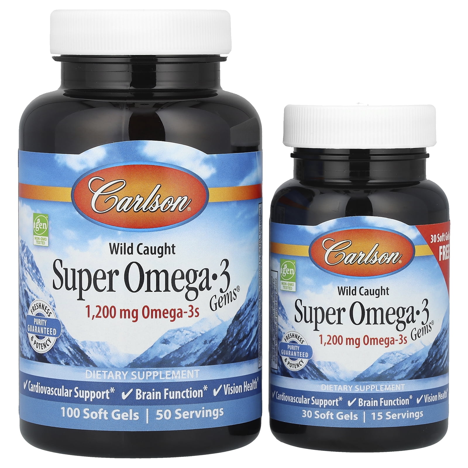 Carlson - Super Omega-3 Gems, 1200 mg Omega-3s, Norwegian, Wild Caught, Sustainably Sourced, Bonus Bottle, 100+30 Softgels