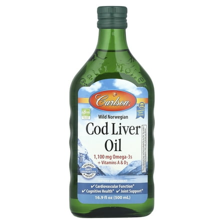 Carlson - Cod Liver Oil, 1100 mg Omega-3s   A & D3, Norwegian, Wild Caught, Sustainably Sourced, Unflavored, 500 mL (16.9 Fl Oz)